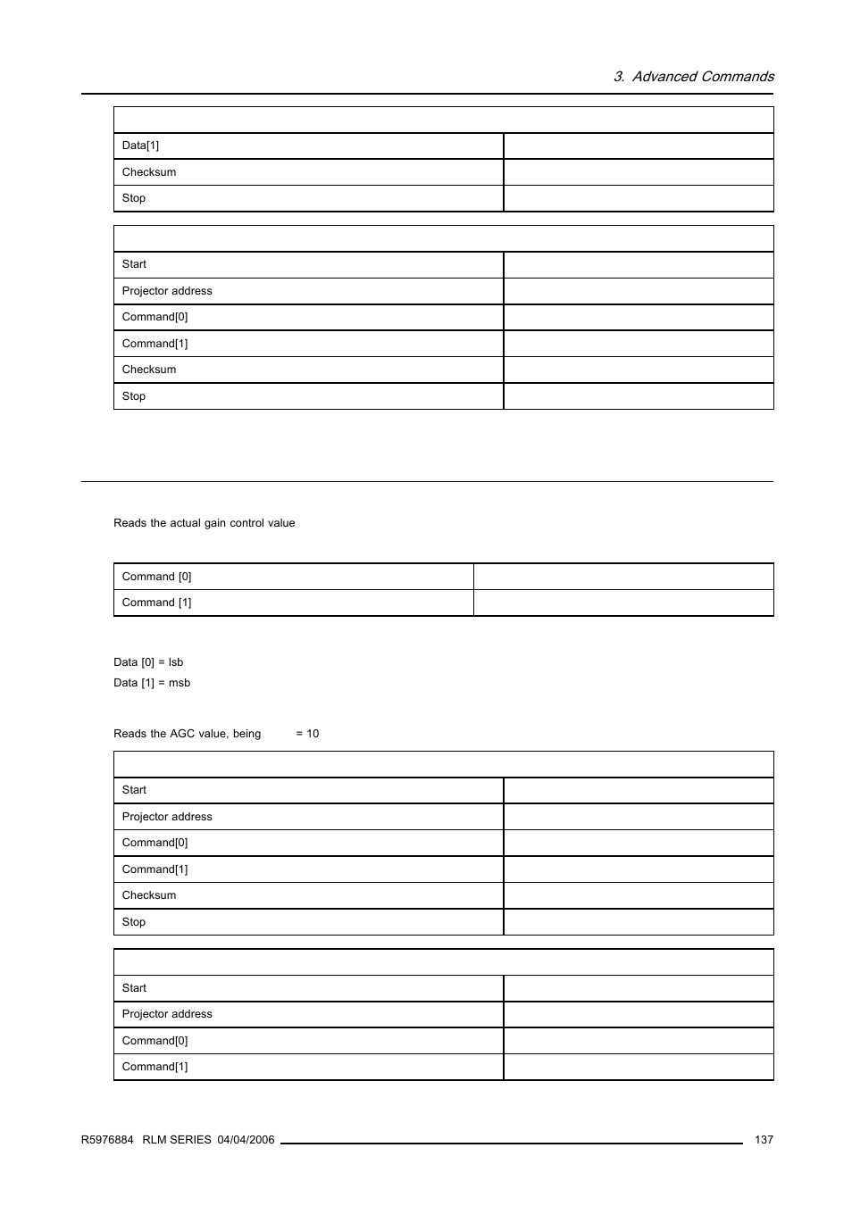 23 manual gain control value, read, Manual gain control value, read, Advanced commands | Barco RS232 User Manual | Page 139 / 171