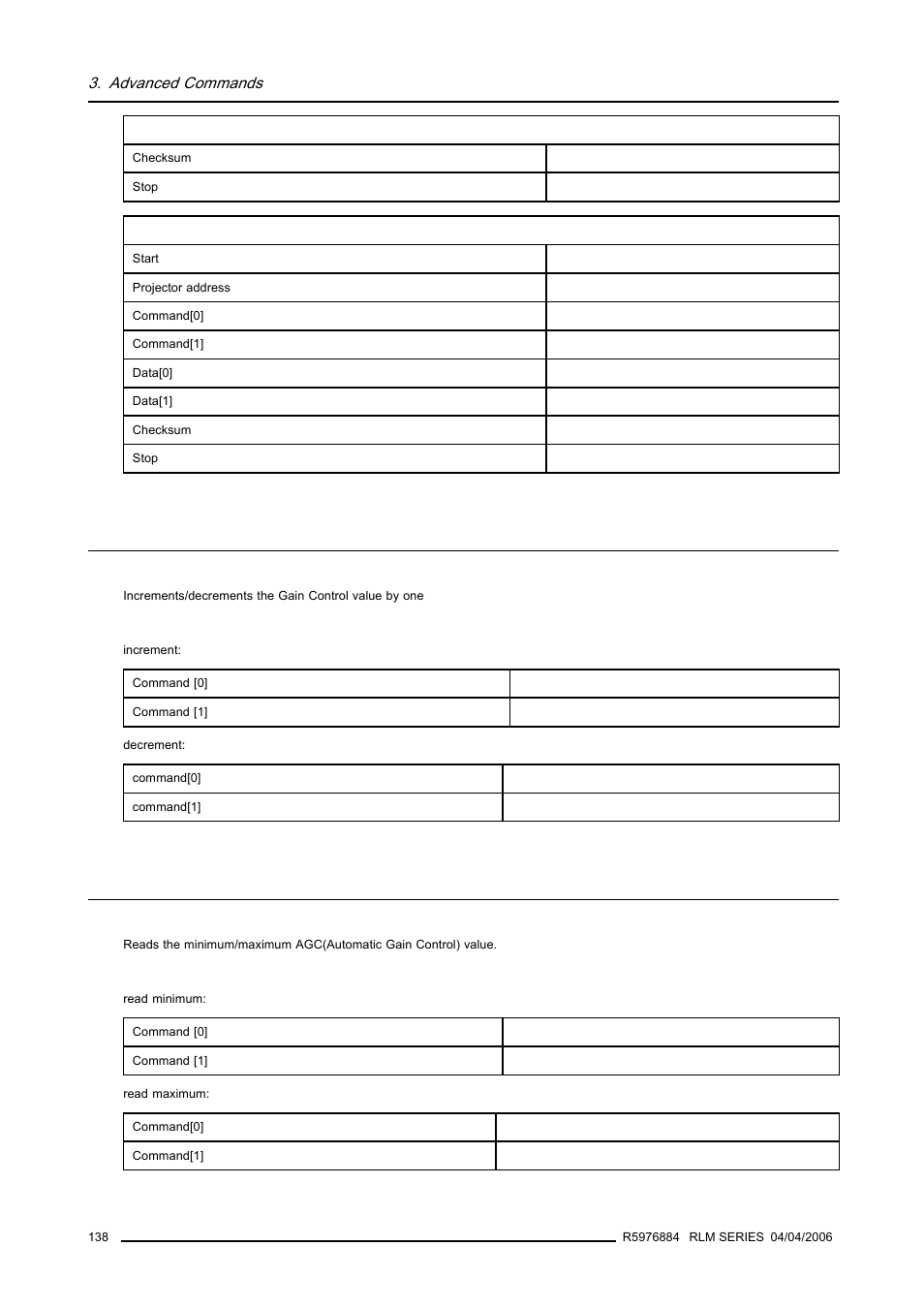 24 gain control, increment/decrement, 25 minimum/maximum agc value, read, 138 3.25 minimum/maximum agc value, read | Gain control, increment/decrement, Minimum/maximum agc value, read | Barco RS232 User Manual | Page 140 / 171