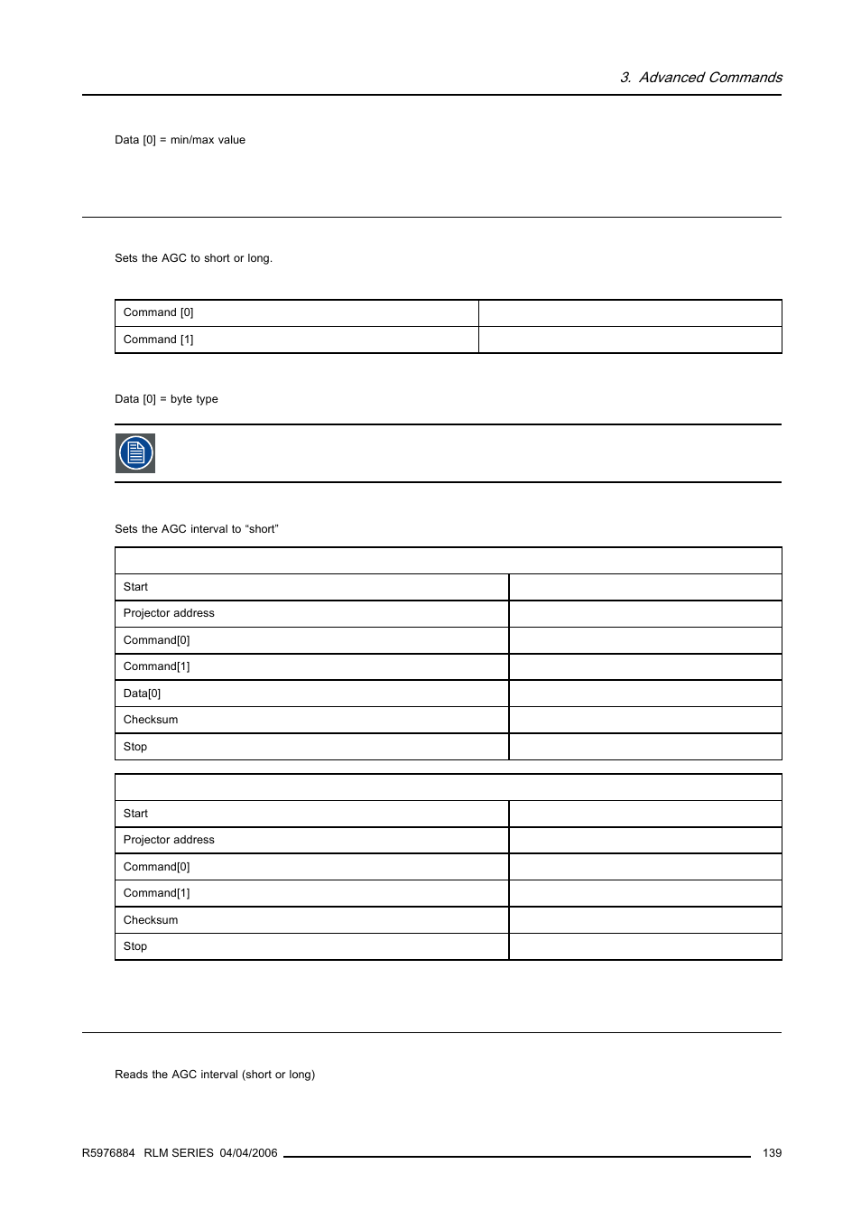 26 automatic gain control interval, write, 27 automatic gain control interval, read, 139 3.27 automatic gain control interval, read | Automatic gain control interval, write, Automatic gain control interval, read | Barco RS232 User Manual | Page 141 / 171
