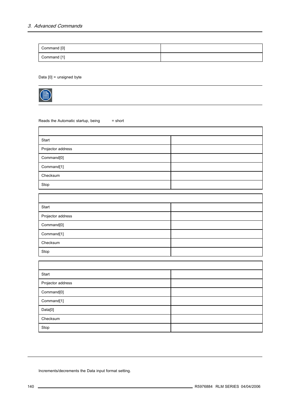 28 data input format, increment/decrement, Data input format, increment/decrement, Advanced commands | Barco RS232 User Manual | Page 142 / 171