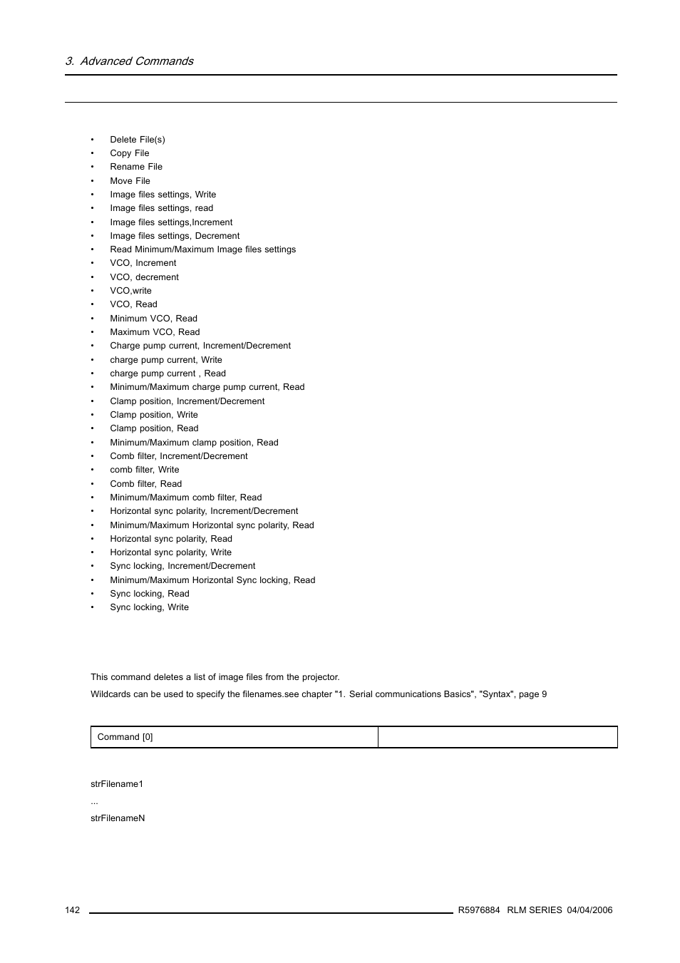 31 image files, 1 delete file(s), Image files | Advanced commands | Barco RS232 User Manual | Page 144 / 171