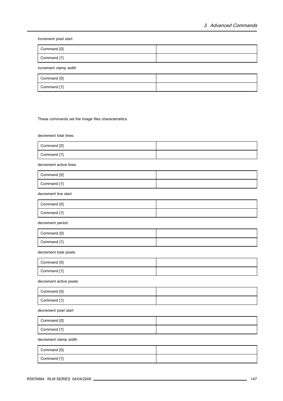 8 image files settings, decrement, Image files settings, decrement, Advanced commands | Barco RS232 User Manual | Page 149 / 171