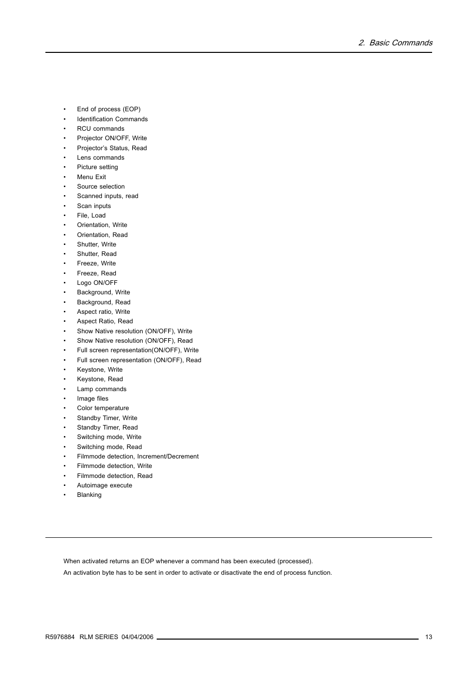 Basic commands, 1 end of process (eop), End of process (eop) | Barco RS232 User Manual | Page 15 / 171