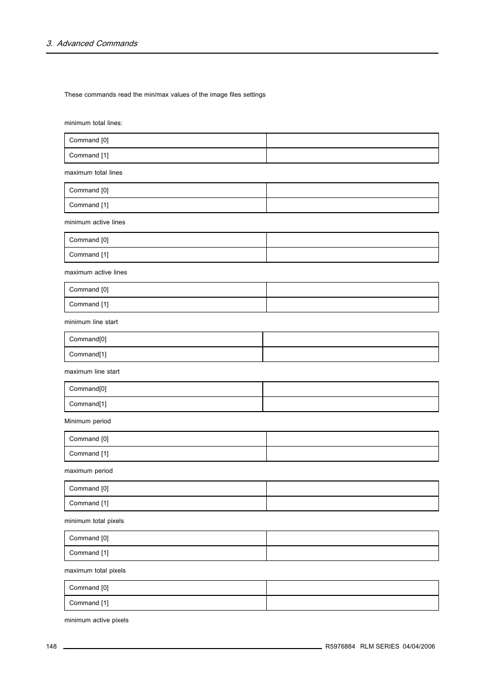 9 read minimum/maximum image files settings, Read minimum/maximum image files settings, Advanced commands | Barco RS232 User Manual | Page 150 / 171