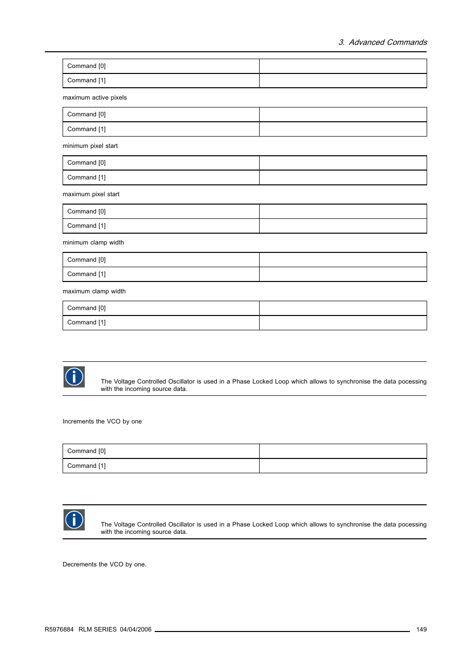 10 vco, increment, 11 vco, decrement, 149 3.31.11 vco, decrement | Vco, increment, Vco, decrement, Advanced commands | Barco RS232 User Manual | Page 151 / 171