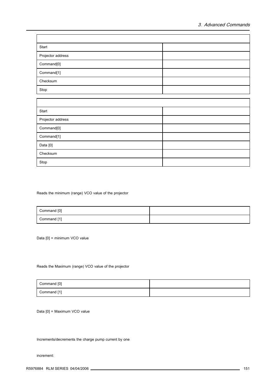 14 minimum vco, read, 15 maximum vco, read, 16 charge pump current, increment/decrement | 151 3.31.15 maximum vco, read, Minimum vco, read, Maximum vco, read, Charge pump current, increment/decrement | Barco RS232 User Manual | Page 153 / 171