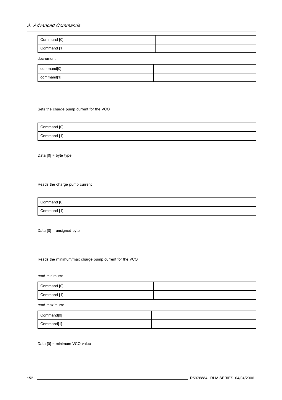 17 charge pump current, write, 18 charge pump current , read, 19 minimum/maximum charge pump current, read | 152 3.31.18 charge pump current , read, Charge pump current, write, Charge pump current , read, Minimum/maximum charge pump current, read | Barco RS232 User Manual | Page 154 / 171