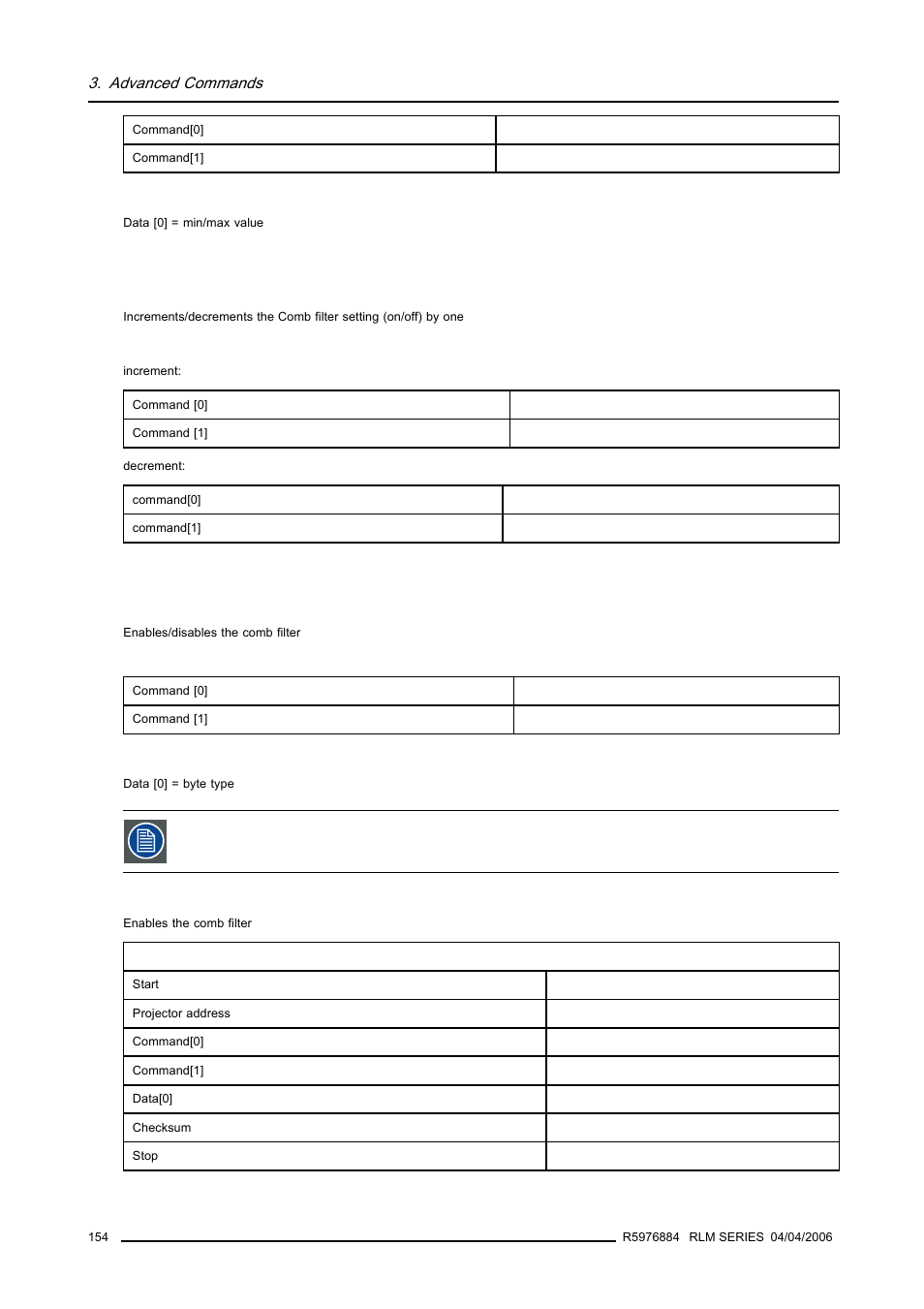 24 comb filter, increment/decrement, 25 comb filter, write, 154 3.31.25 comb filter, write | Comb filter, increment/decrement, Comb filter, write | Barco RS232 User Manual | Page 156 / 171