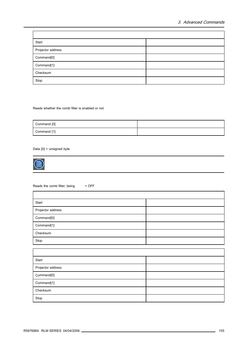 26 comb filter, read, Comb filter, read, Advanced commands | Barco RS232 User Manual | Page 157 / 171
