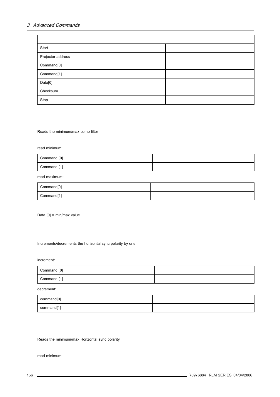 27 minimum/maximum comb filter, read, 28 horizontal sync polarity, increment/decrement, 29 minimum/maximum horizontal sync polarity, read | Minimum/maximum comb filter, read, Horizontal sync polarity, increment/decrement, Minimum/maximum horizontal sync polarity, read | Barco RS232 User Manual | Page 158 / 171