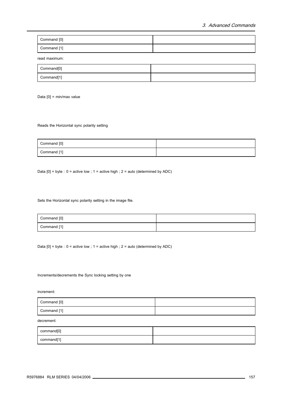30 horizontal sync polarity, read, 31 horizontal sync polarity, write, 32 sync locking, increment/decrement | 157 3.31.31 horizontal sync polarity, write, 157 3.31.32 sync locking, increment/decrement, Horizontal sync polarity, read, Horizontal sync polarity, write, Sync locking, increment/decrement | Barco RS232 User Manual | Page 159 / 171