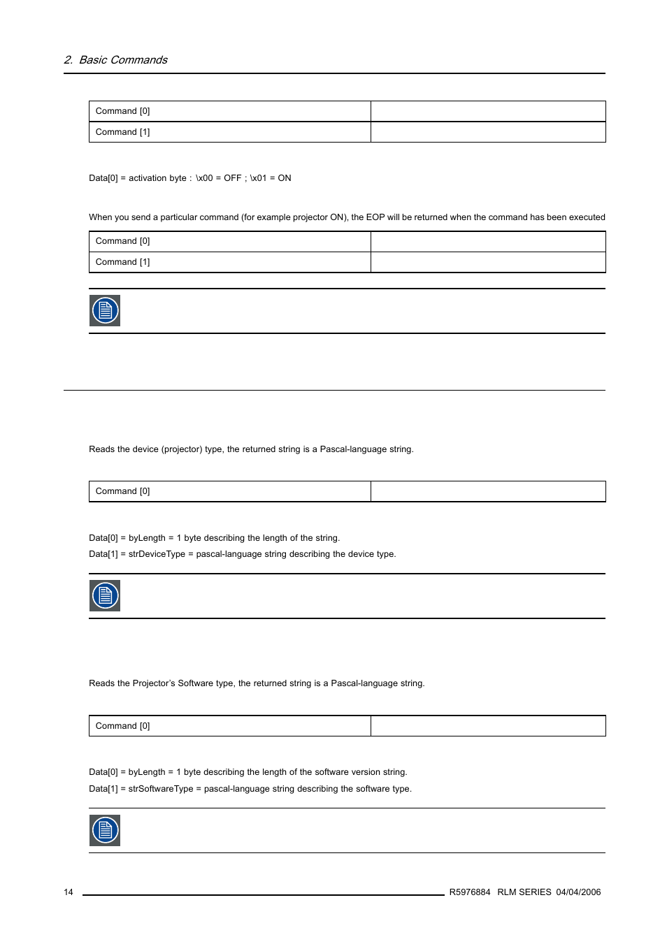 2 identification commands, 1 device type, read, 2 projector's software type, read | Identification commands, Device type, read, Projector’s software type, read | Barco RS232 User Manual | Page 16 / 171