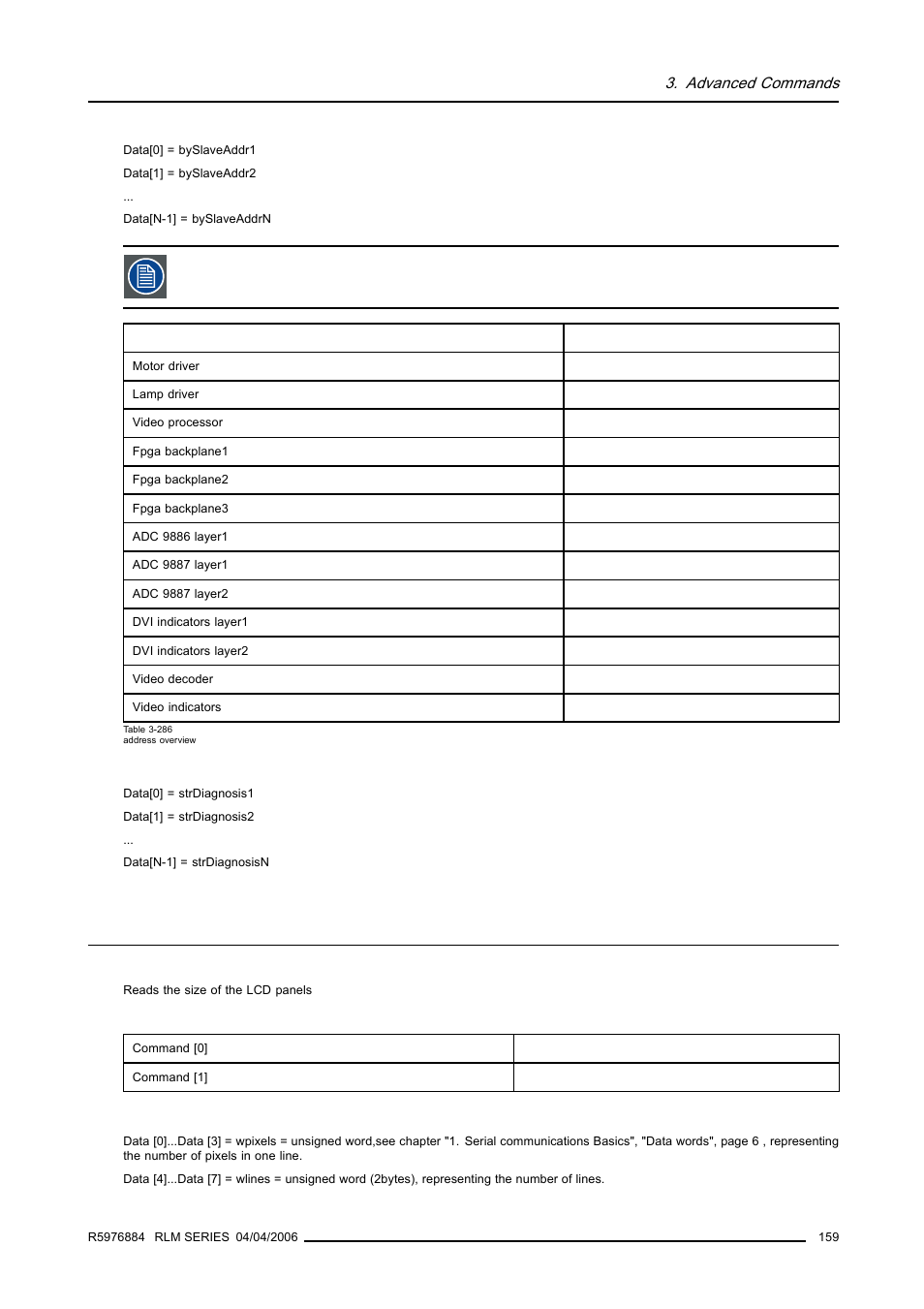 33 panel size, read, Panel size, read, Advanced commands | Barco RS232 User Manual | Page 161 / 171