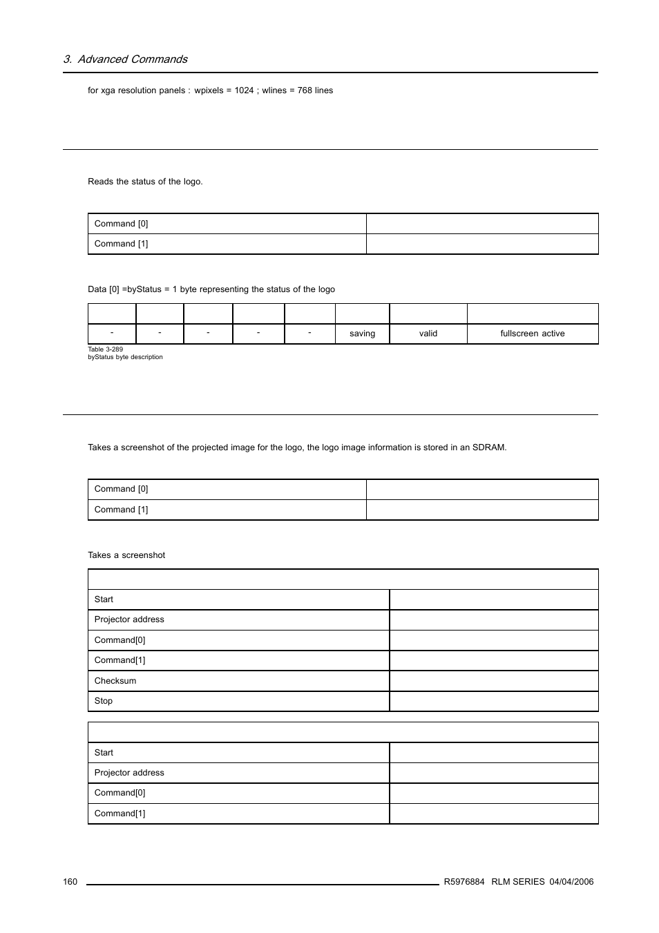 34 logo status, read, 35 take screenshot (logo), 160 3.35 take screenshot (logo) | Logo status, read, Take screenshot (logo), Advanced commands | Barco RS232 User Manual | Page 162 / 171