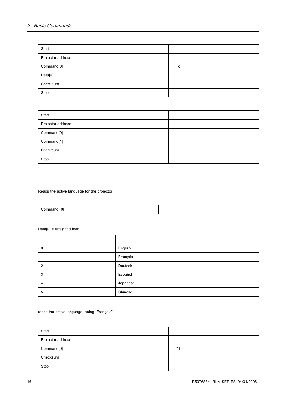 7 projector language, read, Projector language, read, Basic commands | Barco RS232 User Manual | Page 18 / 171