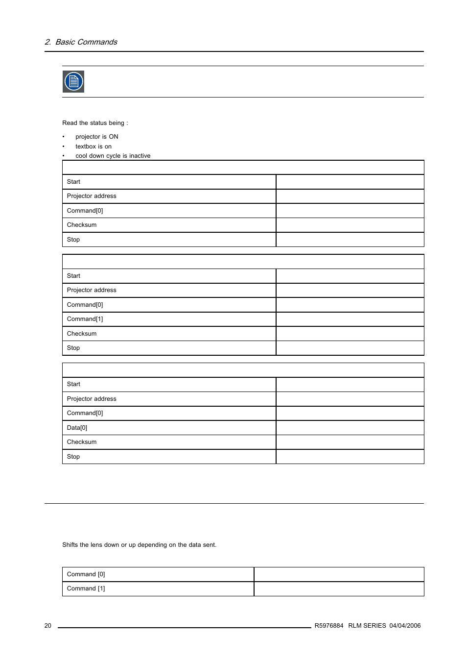 6 lens commands, 1 lens shift, Lens commands | Lens shift, Basic commands | Barco RS232 User Manual | Page 22 / 171