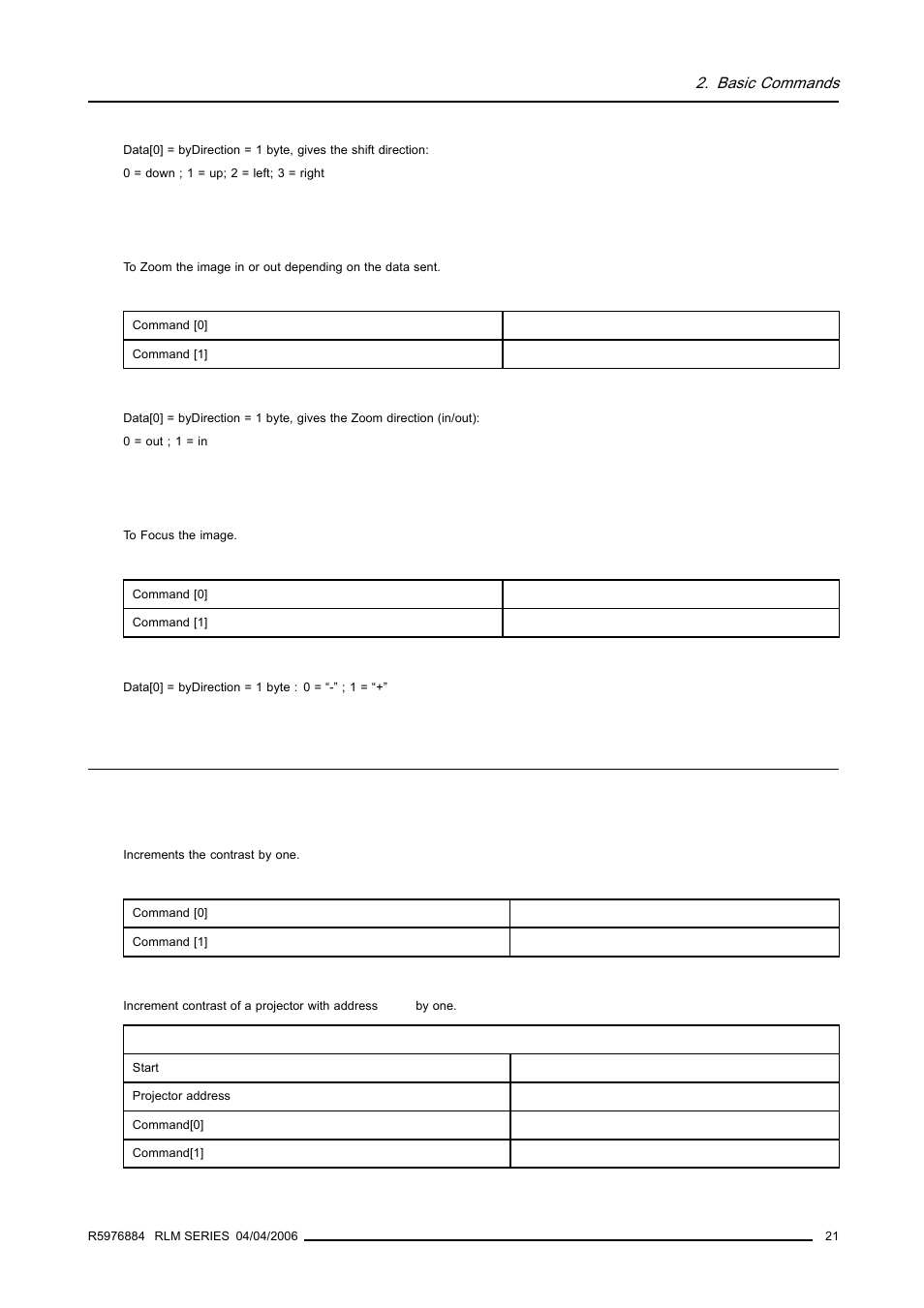 2 lens zoom, 3 lens focus, 7 picture setting | 1 contrast, increment, Lens zoom, Lens focus, Picture setting, Contrast, increment | Barco RS232 User Manual | Page 23 / 171