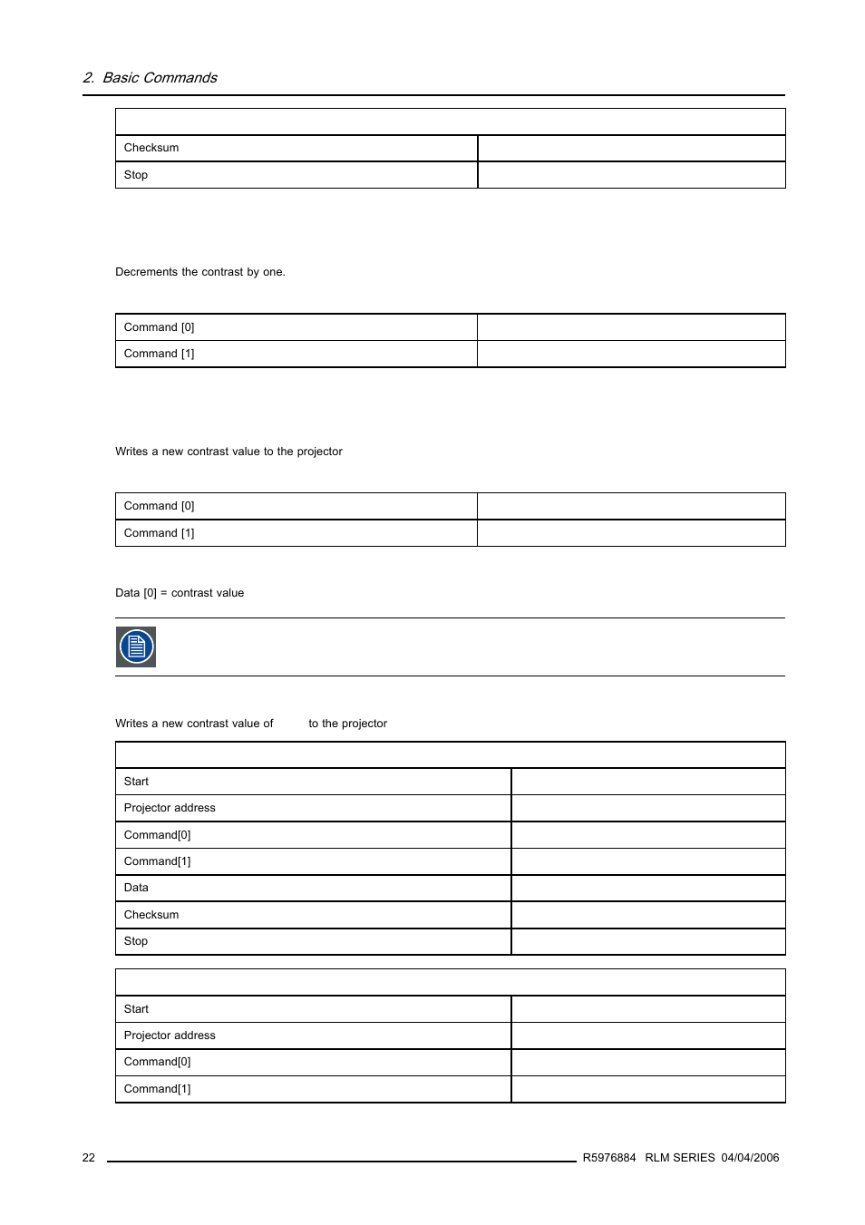 2 contrast, decrement, 3 contrast, write, Contrast, decrement | Contrast, write | Barco RS232 User Manual | Page 24 / 171