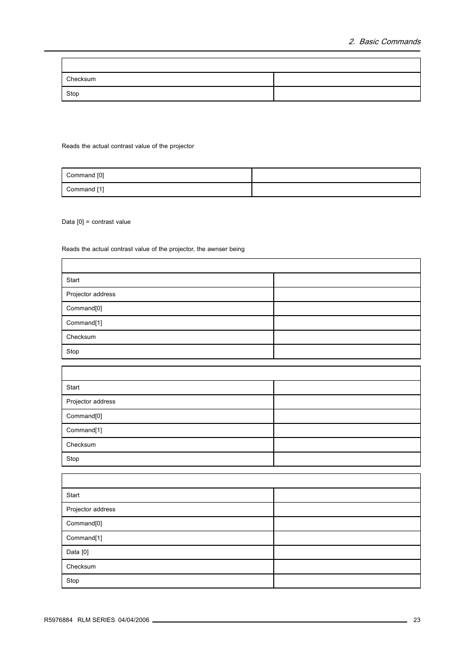 4 contrast, read, Contrast, read, Basic commands | Barco RS232 User Manual | Page 25 / 171