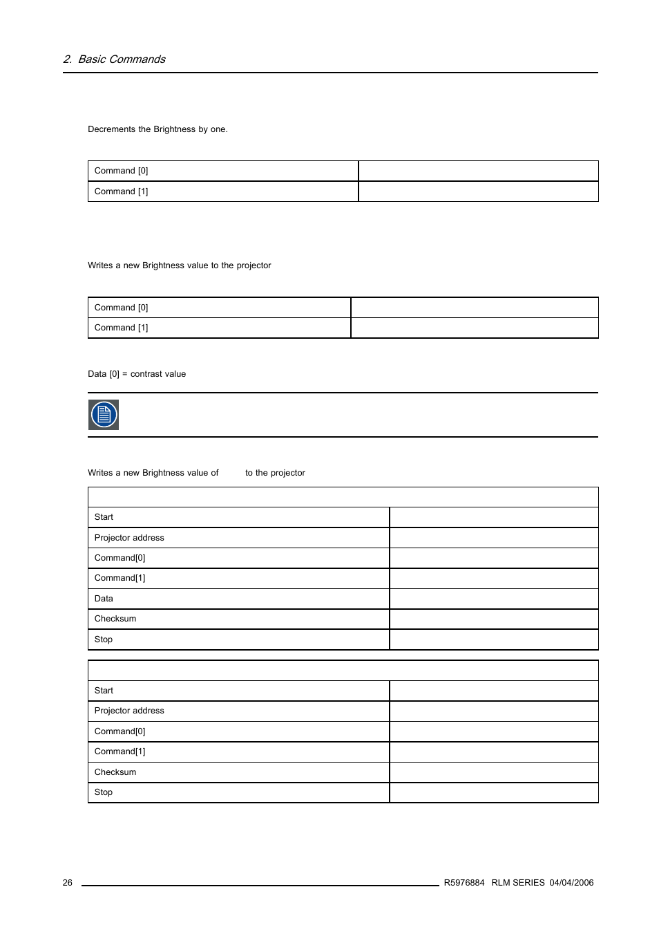 8 brightness decrement, 9 brightness, write, Brightness decrement | Brightness, write | Barco RS232 User Manual | Page 28 / 171