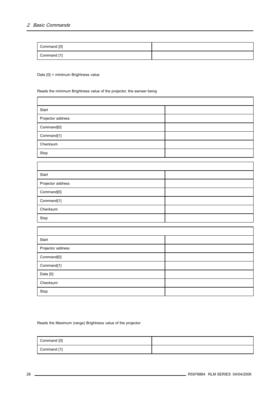 12 maximum brightness, read, Basic commands | Barco RS232 User Manual | Page 30 / 171