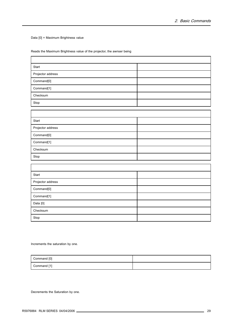 13 saturation increment, 14 saturation, decrement, 29 2.7.14 saturation, decrement | Basic commands | Barco RS232 User Manual | Page 31 / 171