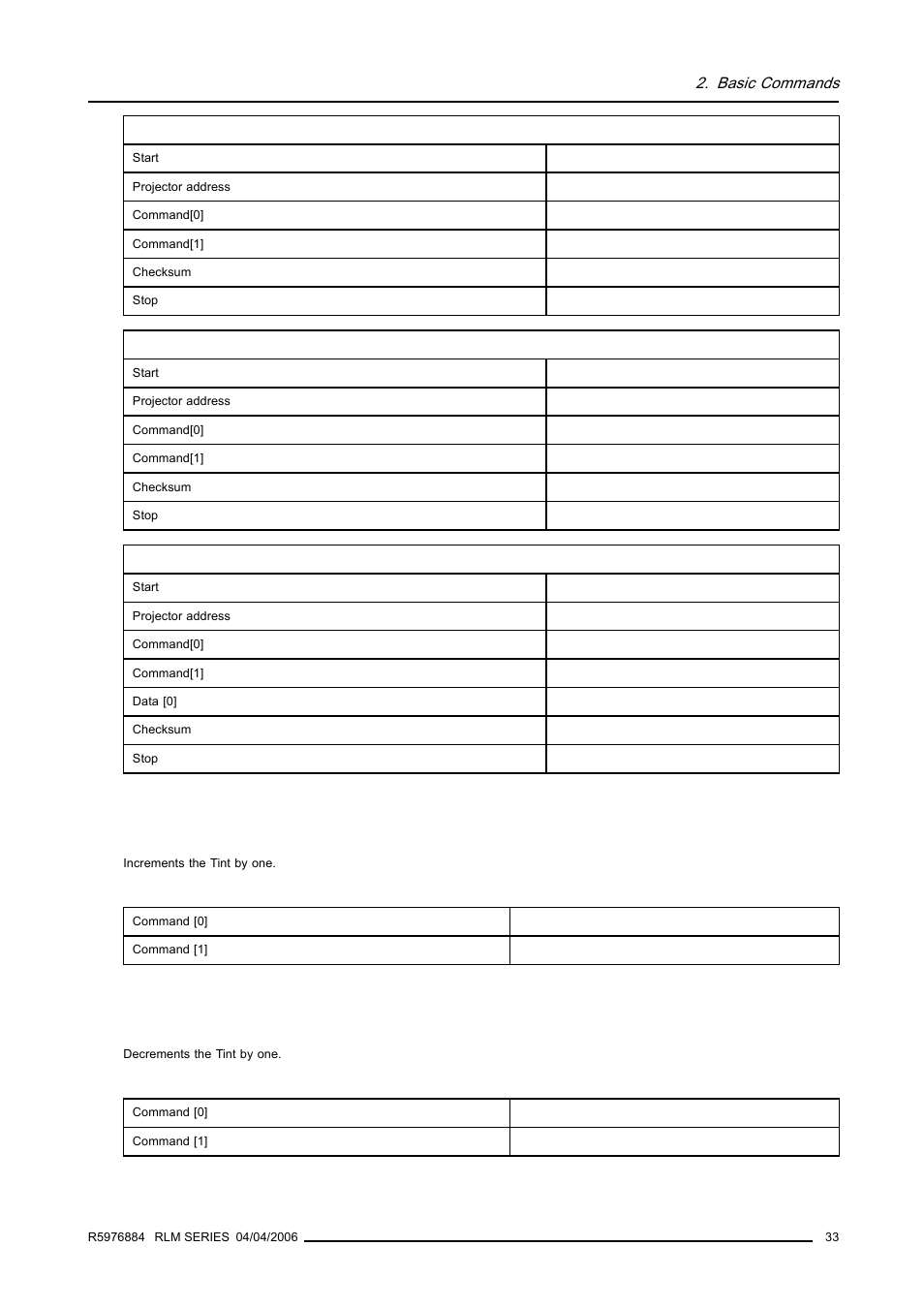 19 tint, increment, 20 tint, decrement, 33 2.7.20 tint, decrement | Basic commands | Barco RS232 User Manual | Page 35 / 171