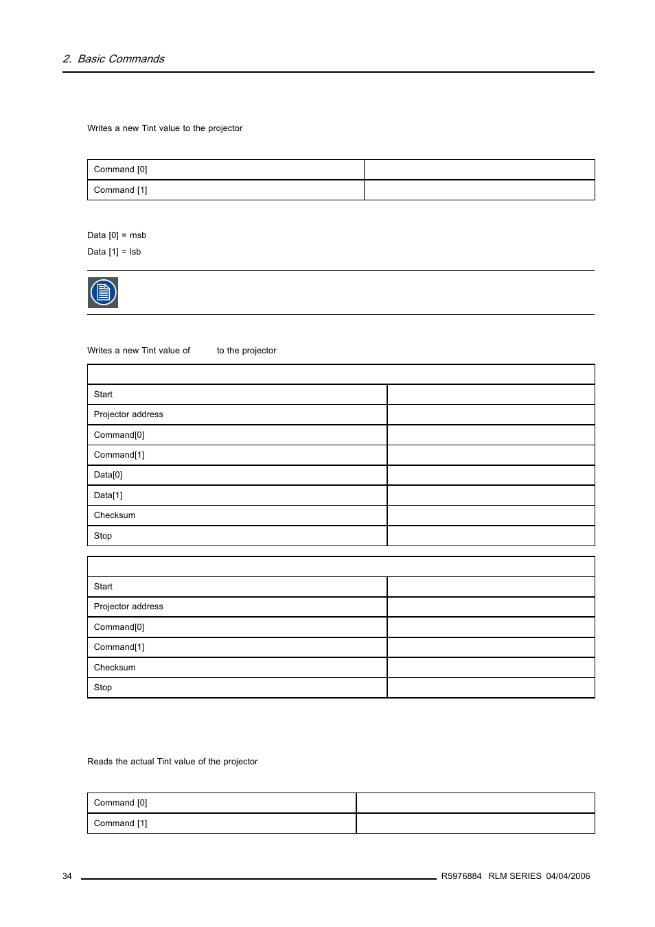 21 tint, write, 22 tint, read, 34 2.7.22 tint, read | Barco RS232 User Manual | Page 36 / 171