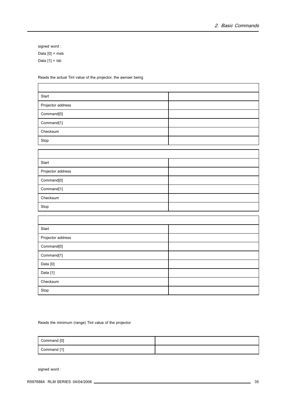 23 minimum tint, read, Basic commands | Barco RS232 User Manual | Page 37 / 171