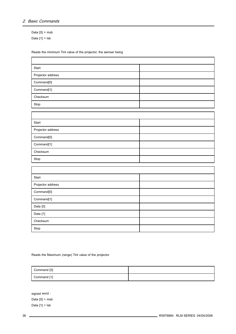 24 maximum tint, read, Basic commands | Barco RS232 User Manual | Page 38 / 171