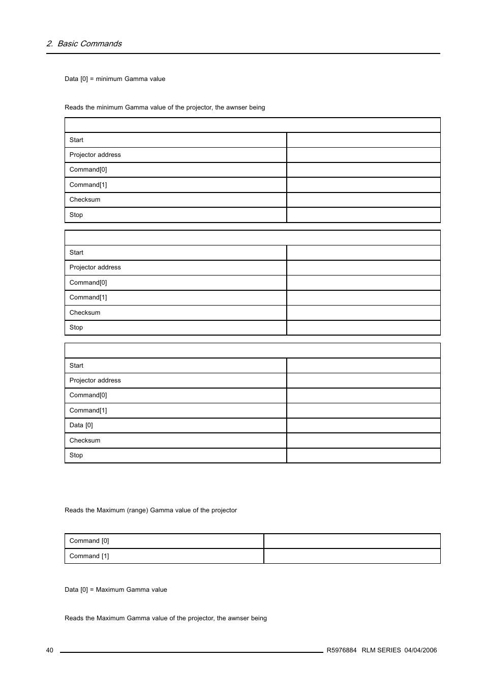 30 maximum gamma, read, Basic commands | Barco RS232 User Manual | Page 42 / 171