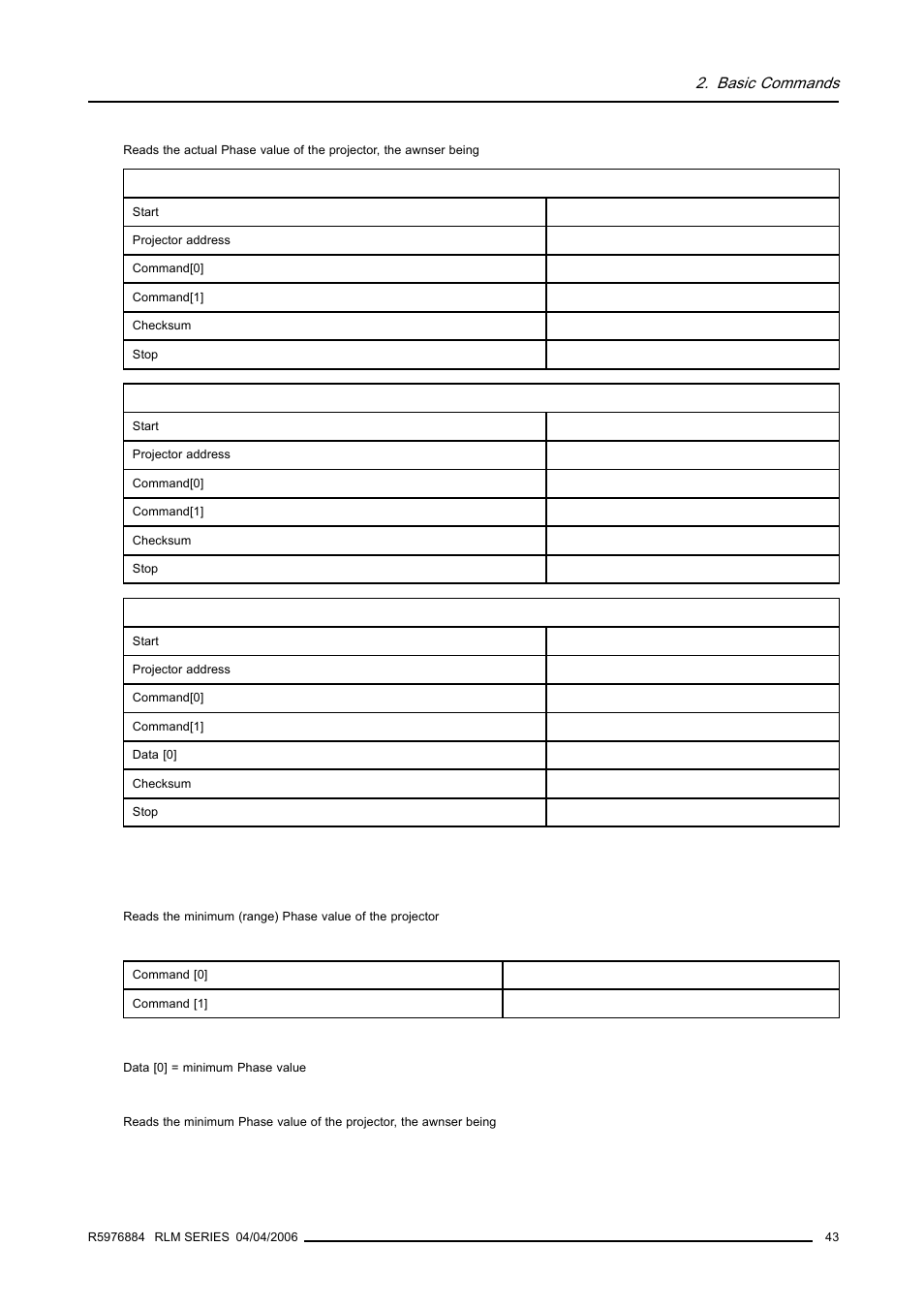 35 minimum phase, read, Basic commands | Barco RS232 User Manual | Page 45 / 171
