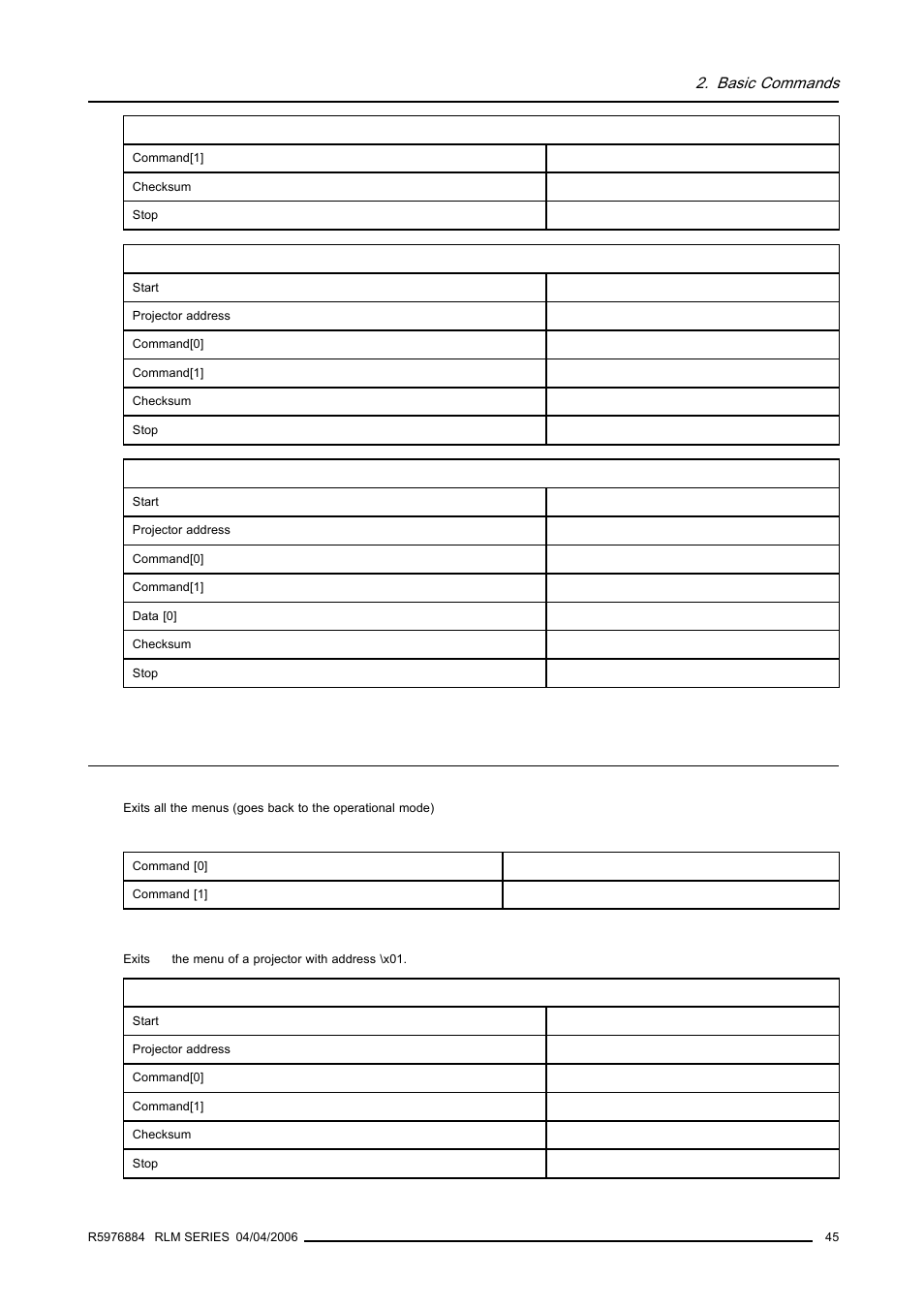 8 menu exit, Menu exit, Basic commands | Barco RS232 User Manual | Page 47 / 171