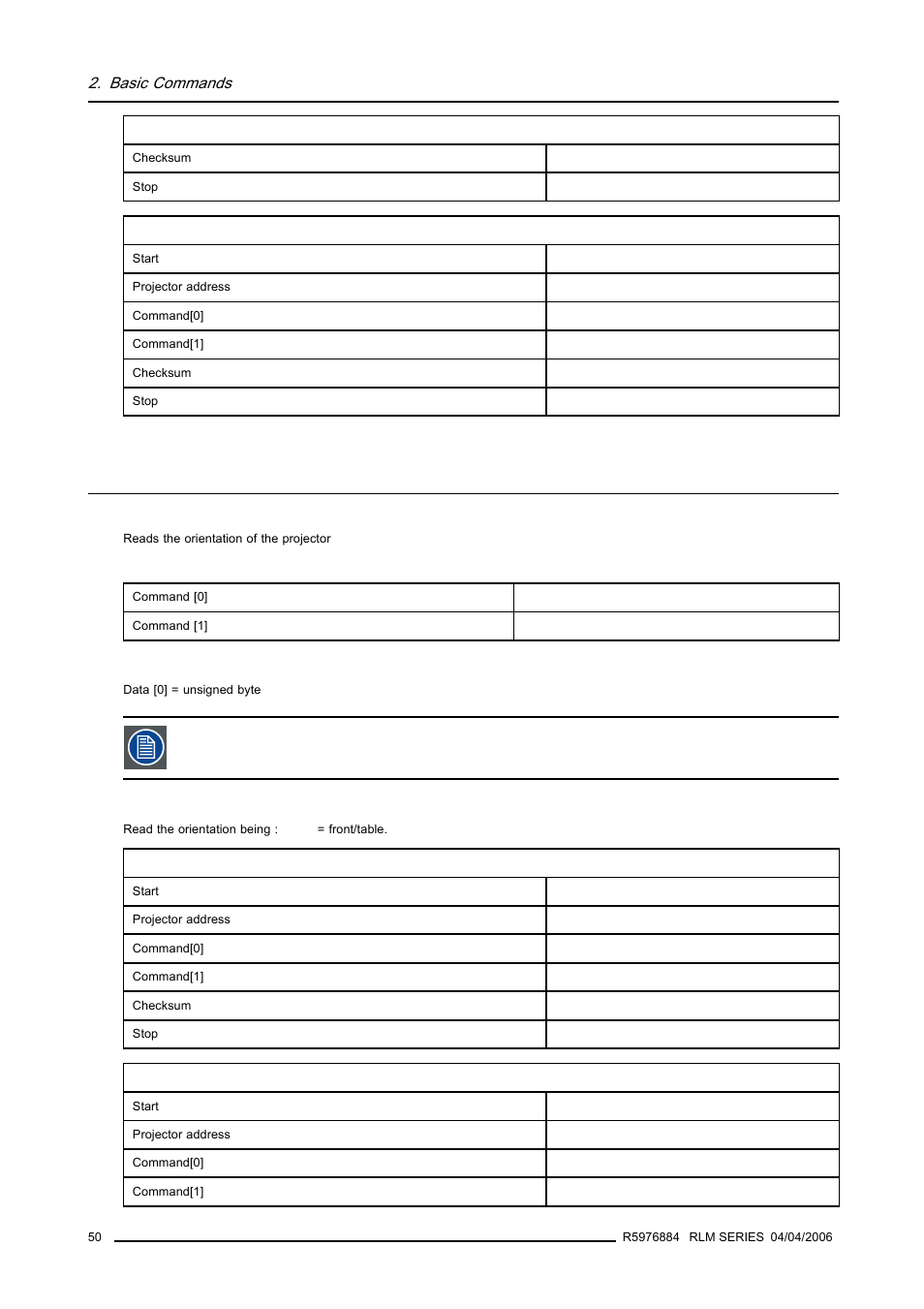 14 orientation, read, Orientation, read, Basic commands | Barco RS232 User Manual | Page 52 / 171