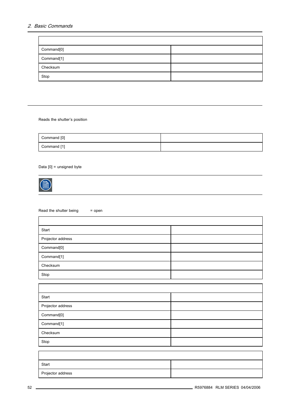 16 shutter, read, Shutter, read, Basic commands | Barco RS232 User Manual | Page 54 / 171