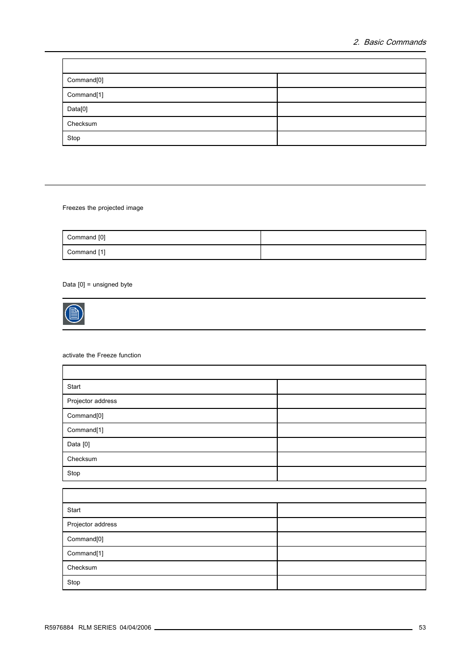 17 freeze, write, Freeze, write, Basic commands | Barco RS232 User Manual | Page 55 / 171