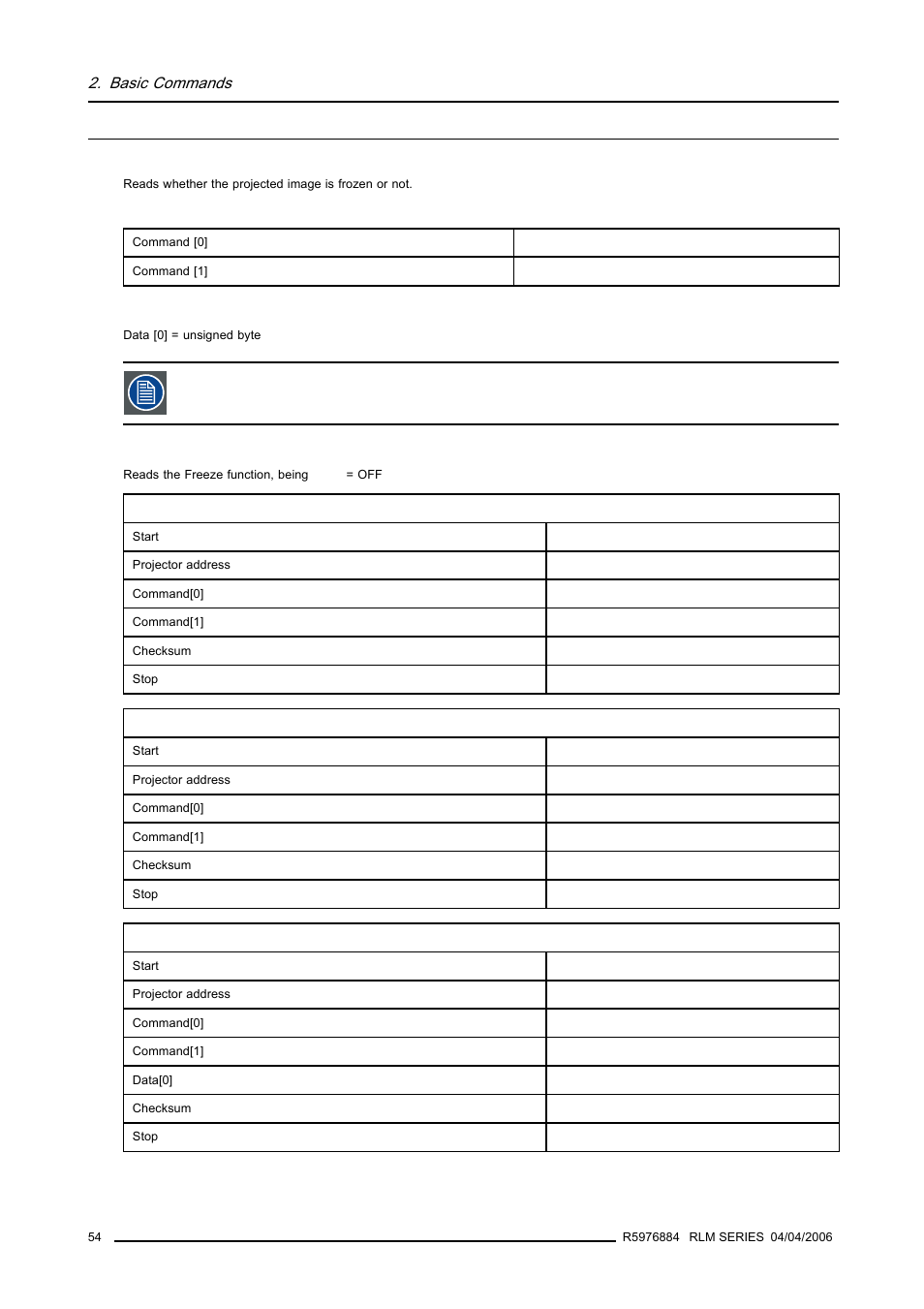 18 freeze, read, Freeze, read, Basic commands | Barco RS232 User Manual | Page 56 / 171