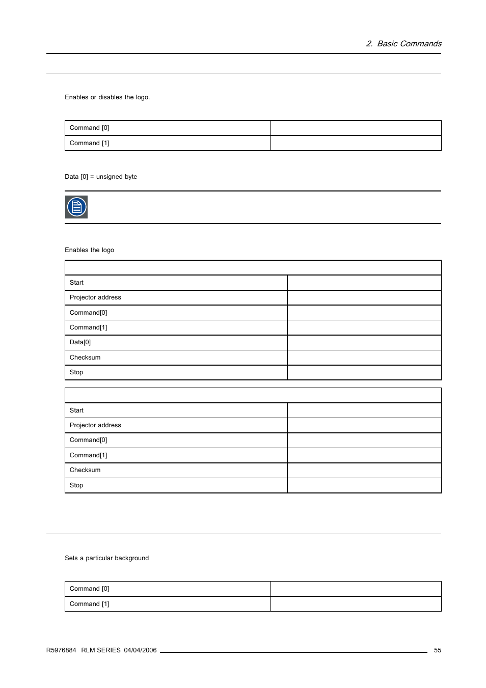 19 logo on/off, 20 background, write, 55 2.20 background, write | Logo on/off, Background, write | Barco RS232 User Manual | Page 57 / 171