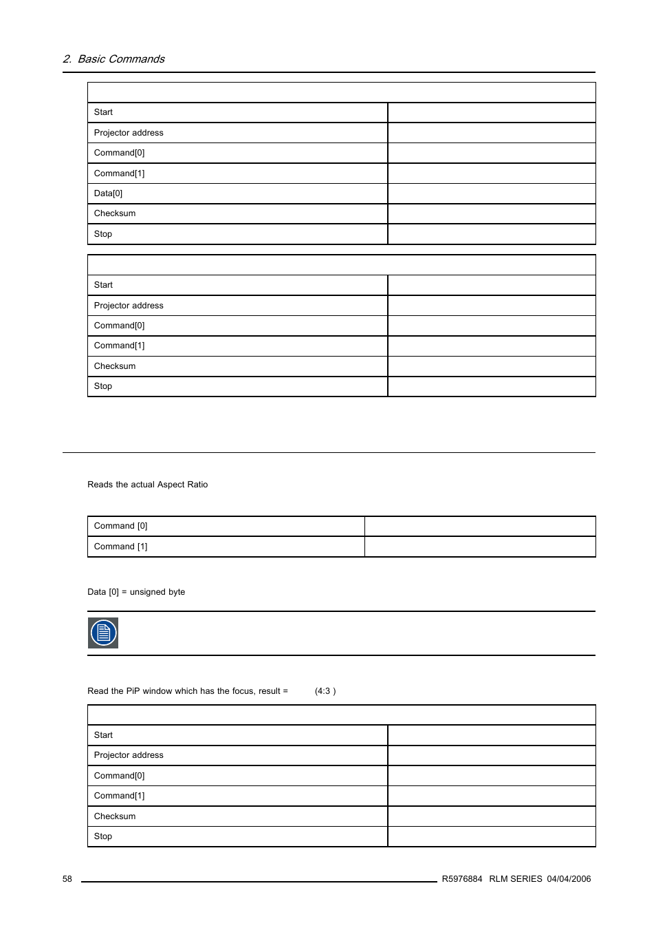 23 aspect ratio, read, Aspect ratio, read, Basic commands | Barco RS232 User Manual | Page 60 / 171