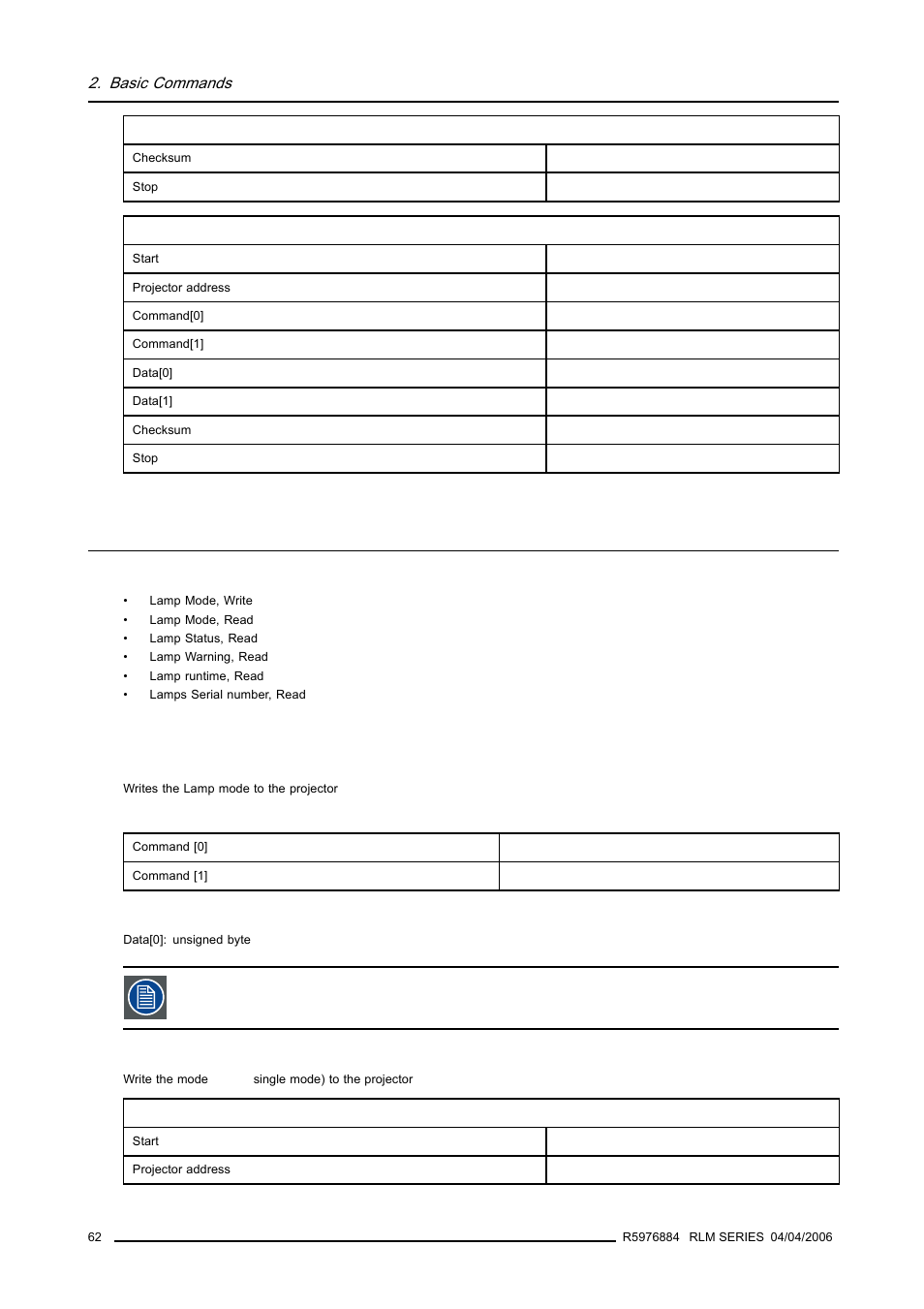 30 lamp commands, 1 lamp mode, write, Lamp commands | Basic commands | Barco RS232 User Manual | Page 64 / 171