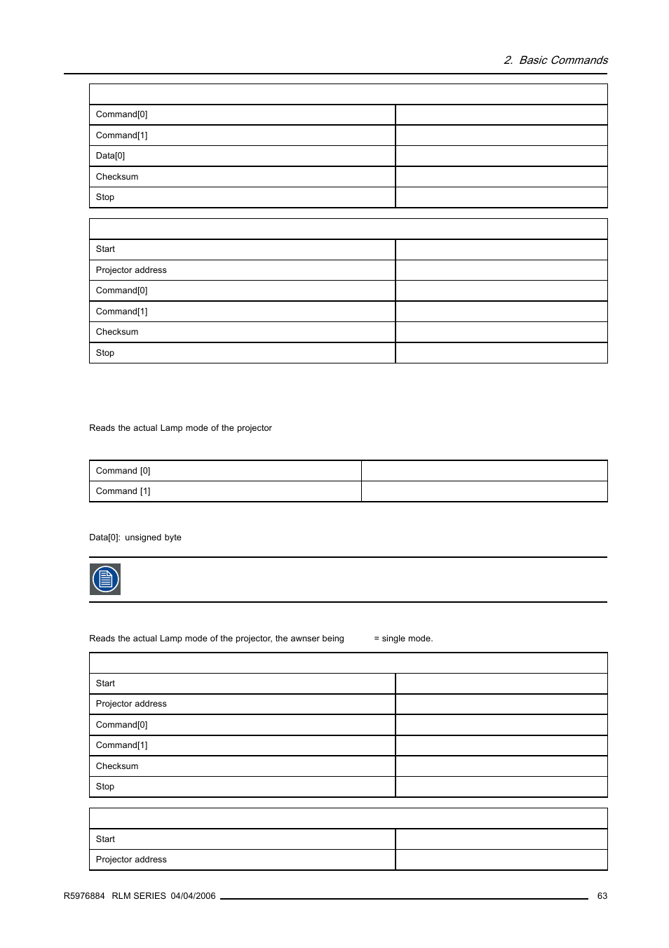 2 lamp mode, read, Lamp mode, read, Basic commands | Barco RS232 User Manual | Page 65 / 171