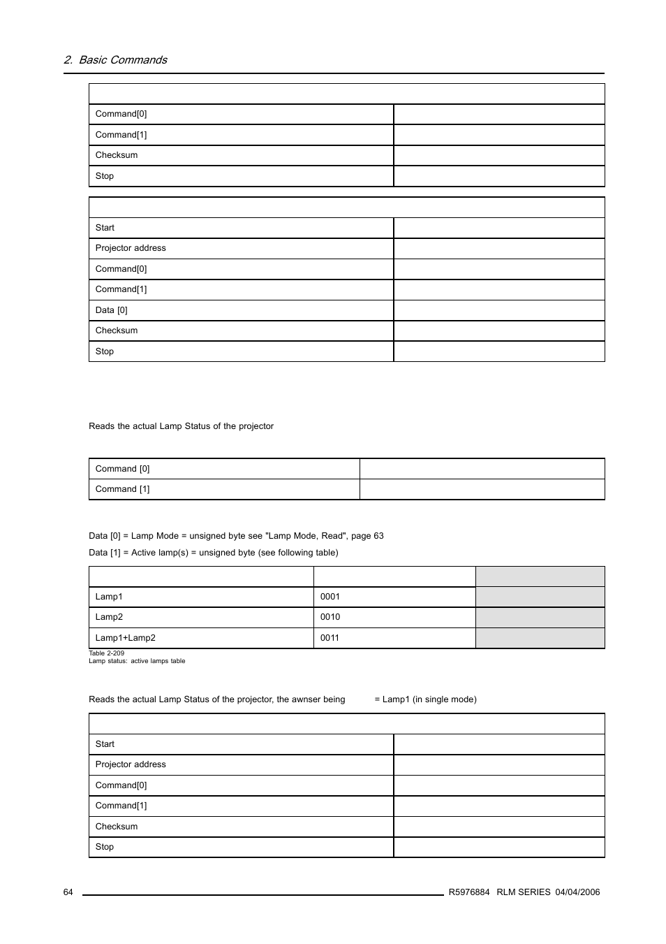 3 lamp status, read, Lamp status, read, Basic commands | Barco RS232 User Manual | Page 66 / 171
