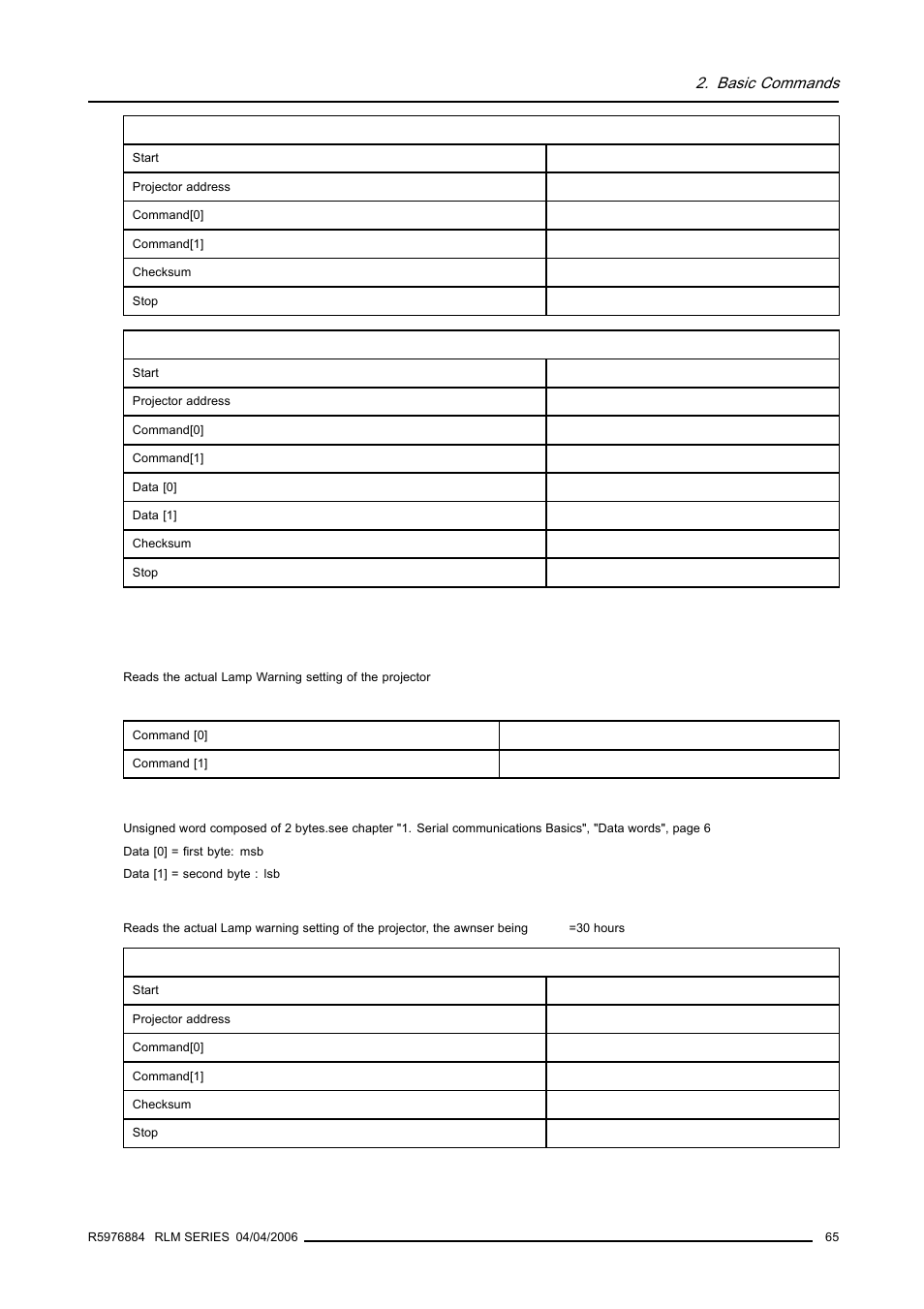 4 lamp warning, read, Lamp warning, read, Basic commands | Barco RS232 User Manual | Page 67 / 171