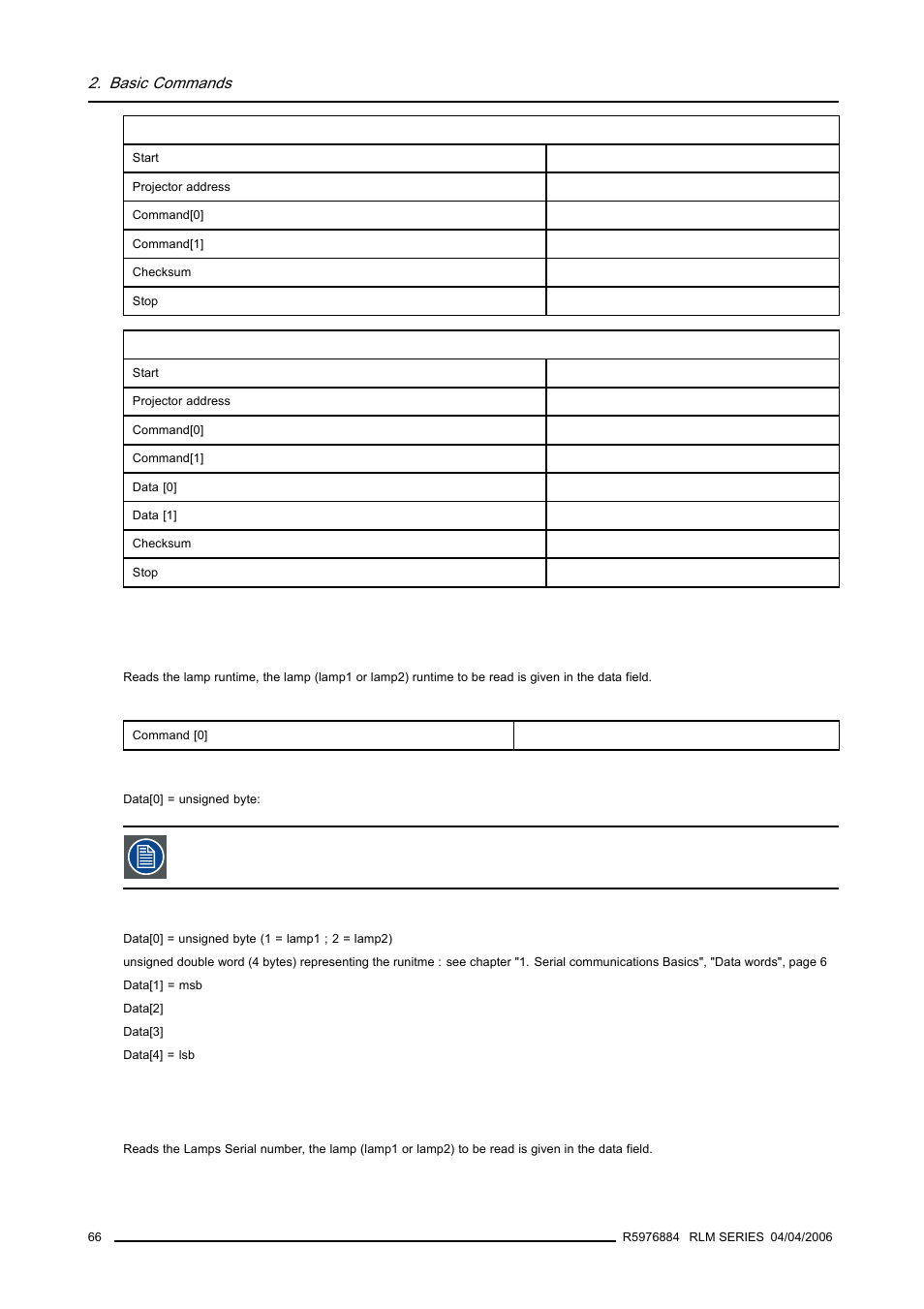 5 lamp runtime, read, 6 lamps serial number, read, 66 2.30.6 lamps serial number, read | Lamp runtime, read, Lamps serial number, read | Barco RS232 User Manual | Page 68 / 171