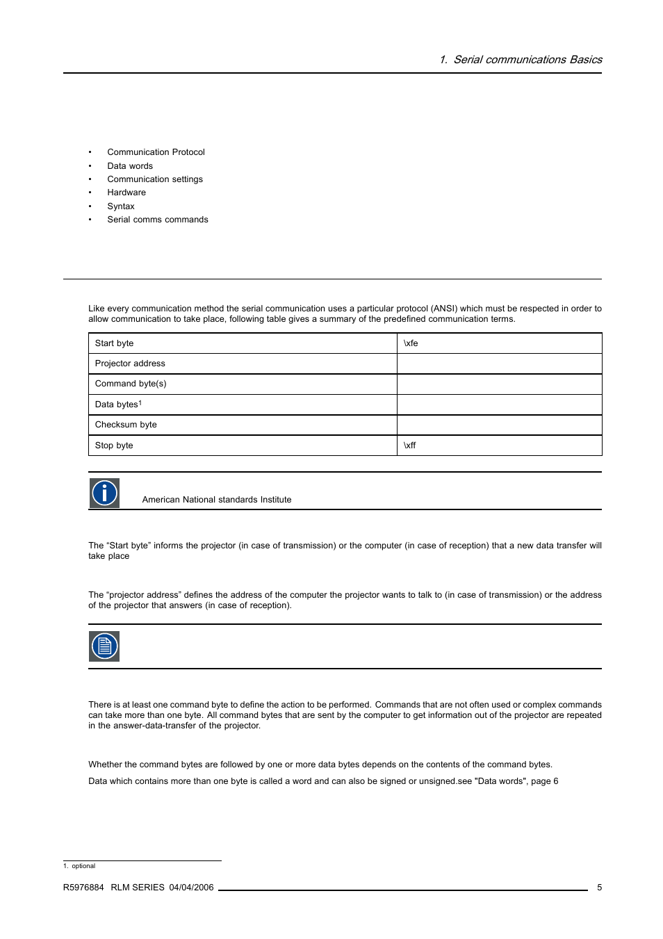 Serial communications basics, 1 communication protocol, Communication protocol | Barco RS232 User Manual | Page 7 / 171