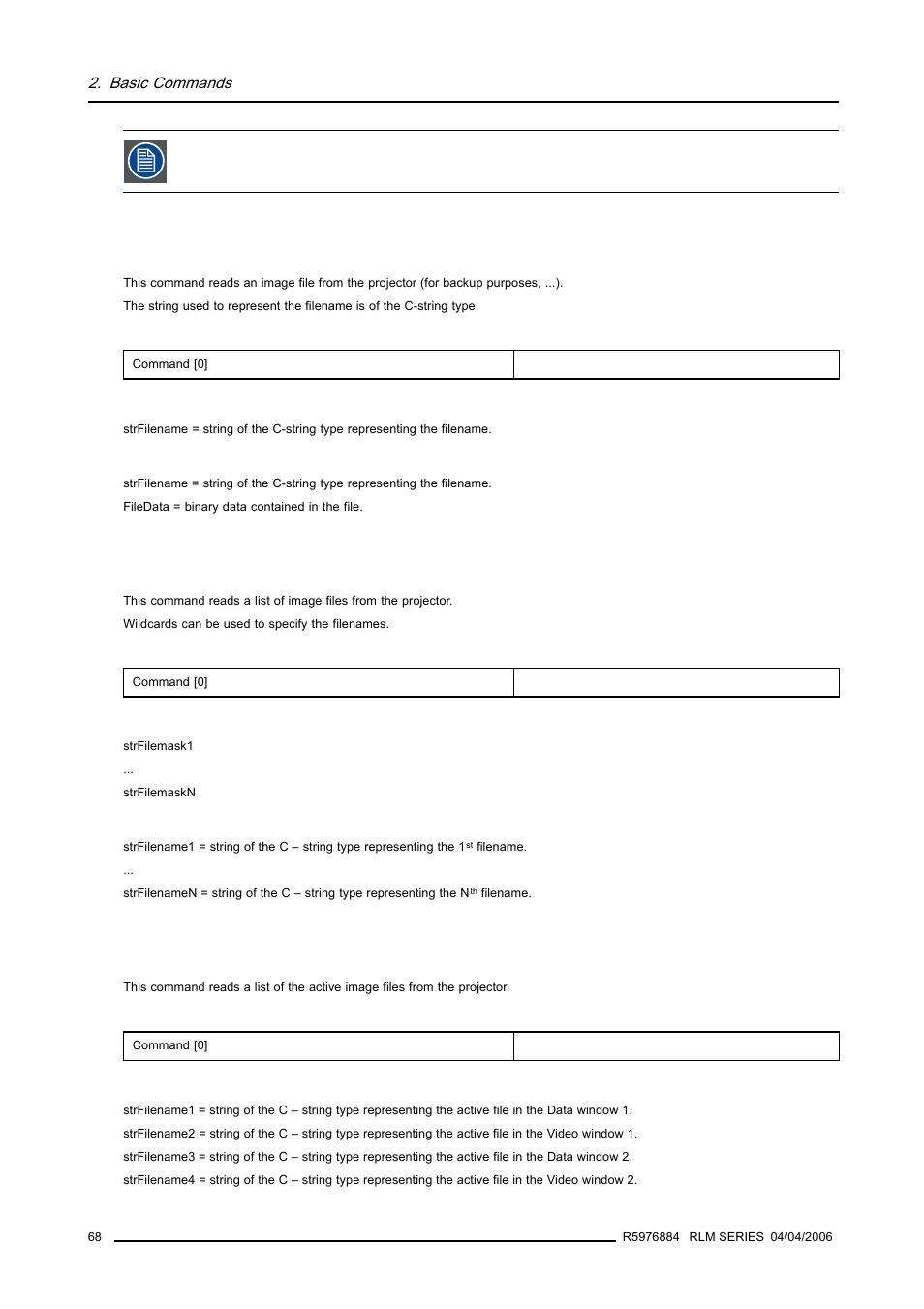 2 file, read, 3 file list, read, 4 active files list, read | 68 2.31.3 file list, read, 68 2.31.4 active files list, read | Barco RS232 User Manual | Page 70 / 171