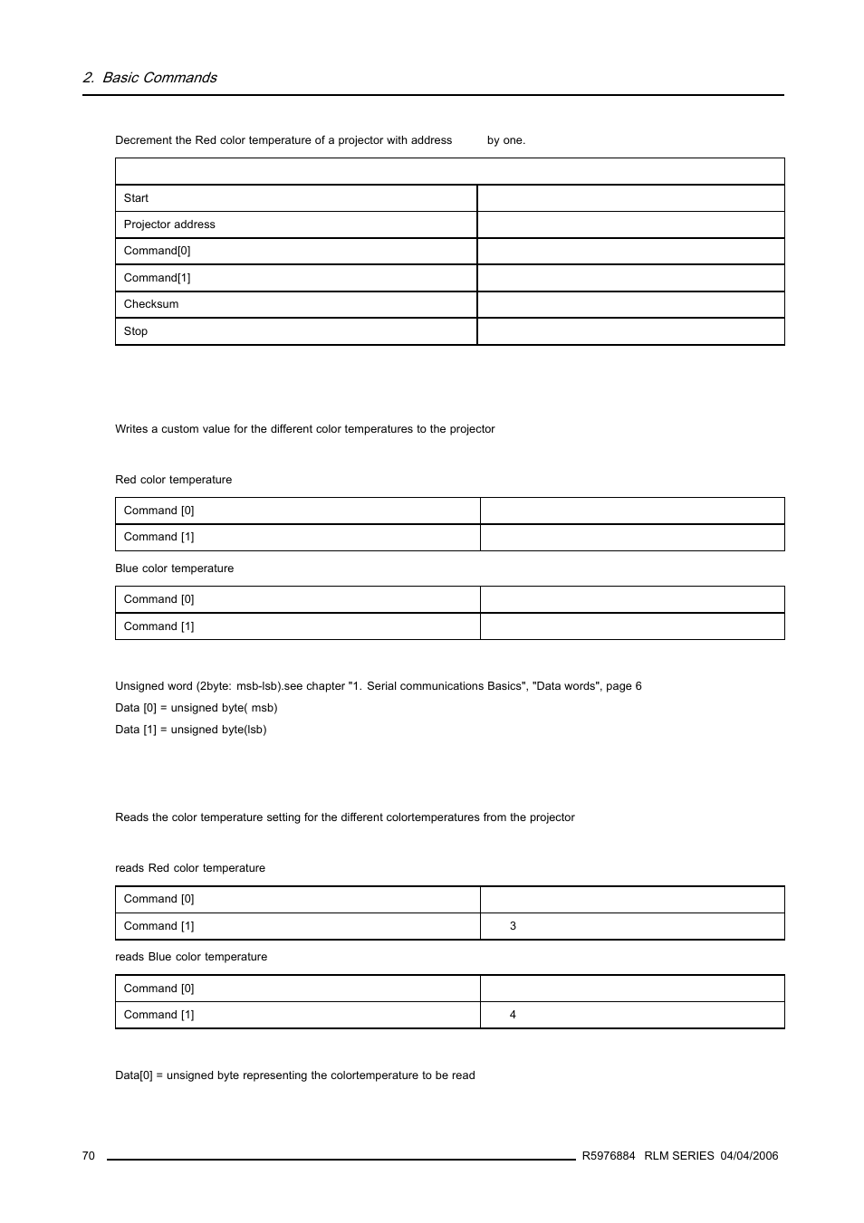 3 color temperature red/bleu, write, 4 color temperature red/bleu, read, 70 2.32.4 color temperature red/bleu, read | Color temperature red/bleu, write, Color temperature red/bleu, read | Barco RS232 User Manual | Page 72 / 171