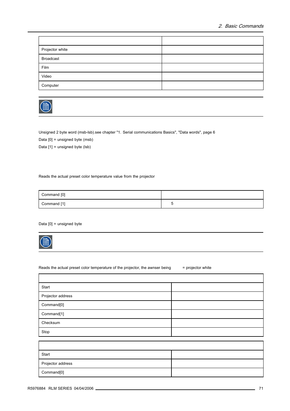 5 color temperature, read, Color temperature, read, Basic commands | Barco RS232 User Manual | Page 73 / 171