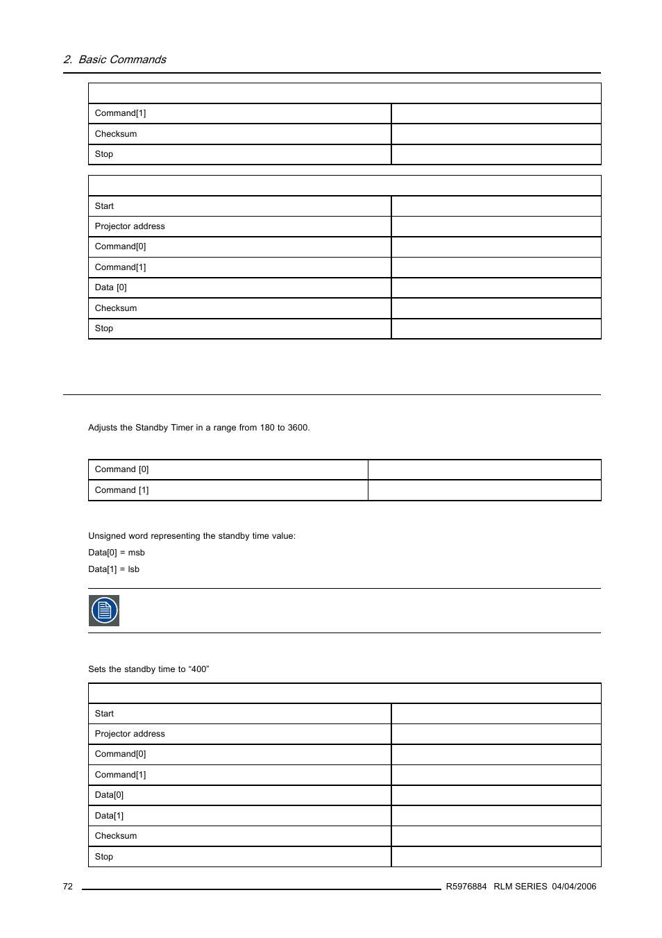 33 standby timer, write, Standby timer, write, Basic commands | Barco RS232 User Manual | Page 74 / 171