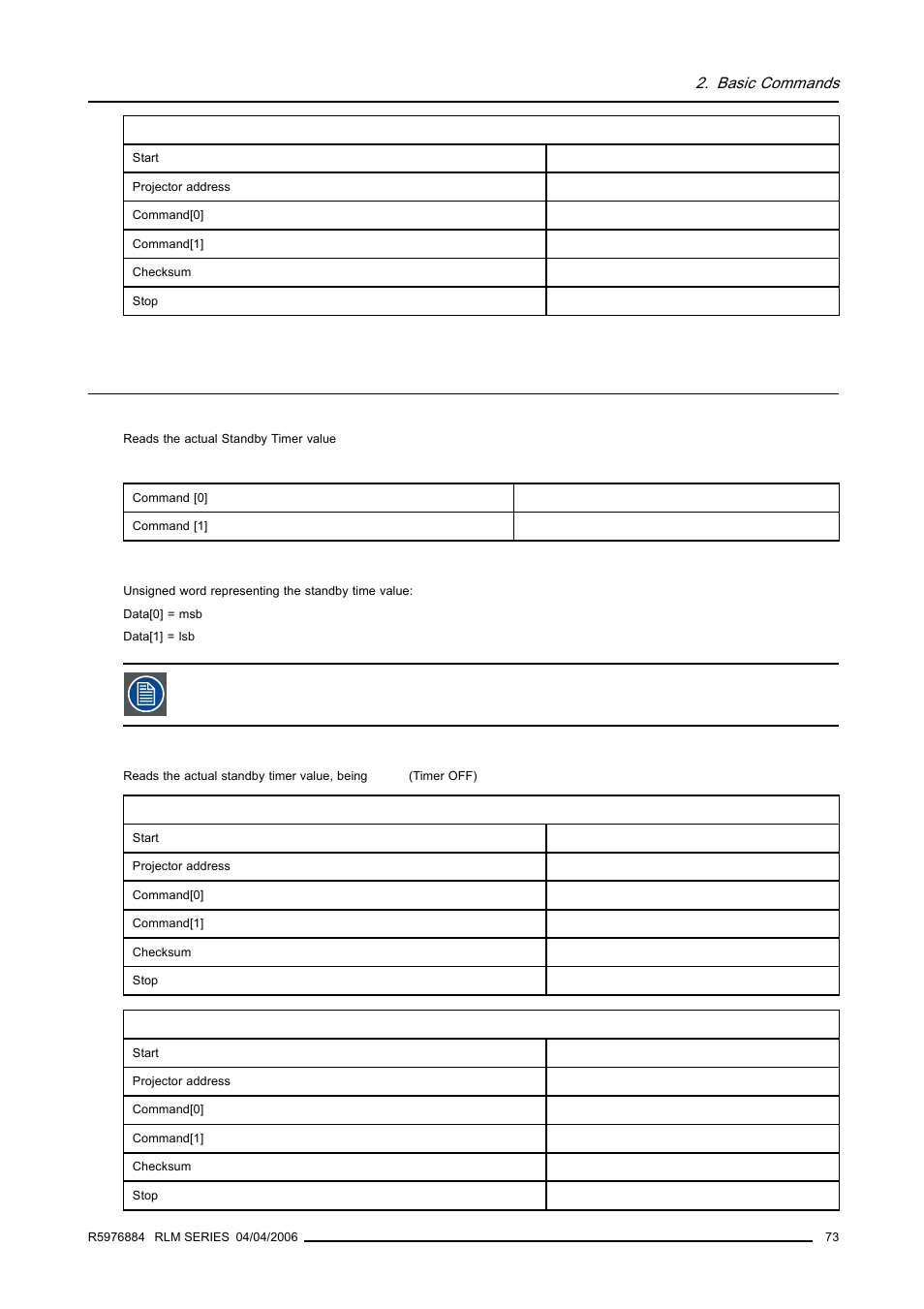 34 standby timer, read, Standby timer, read, Basic commands | Barco RS232 User Manual | Page 75 / 171